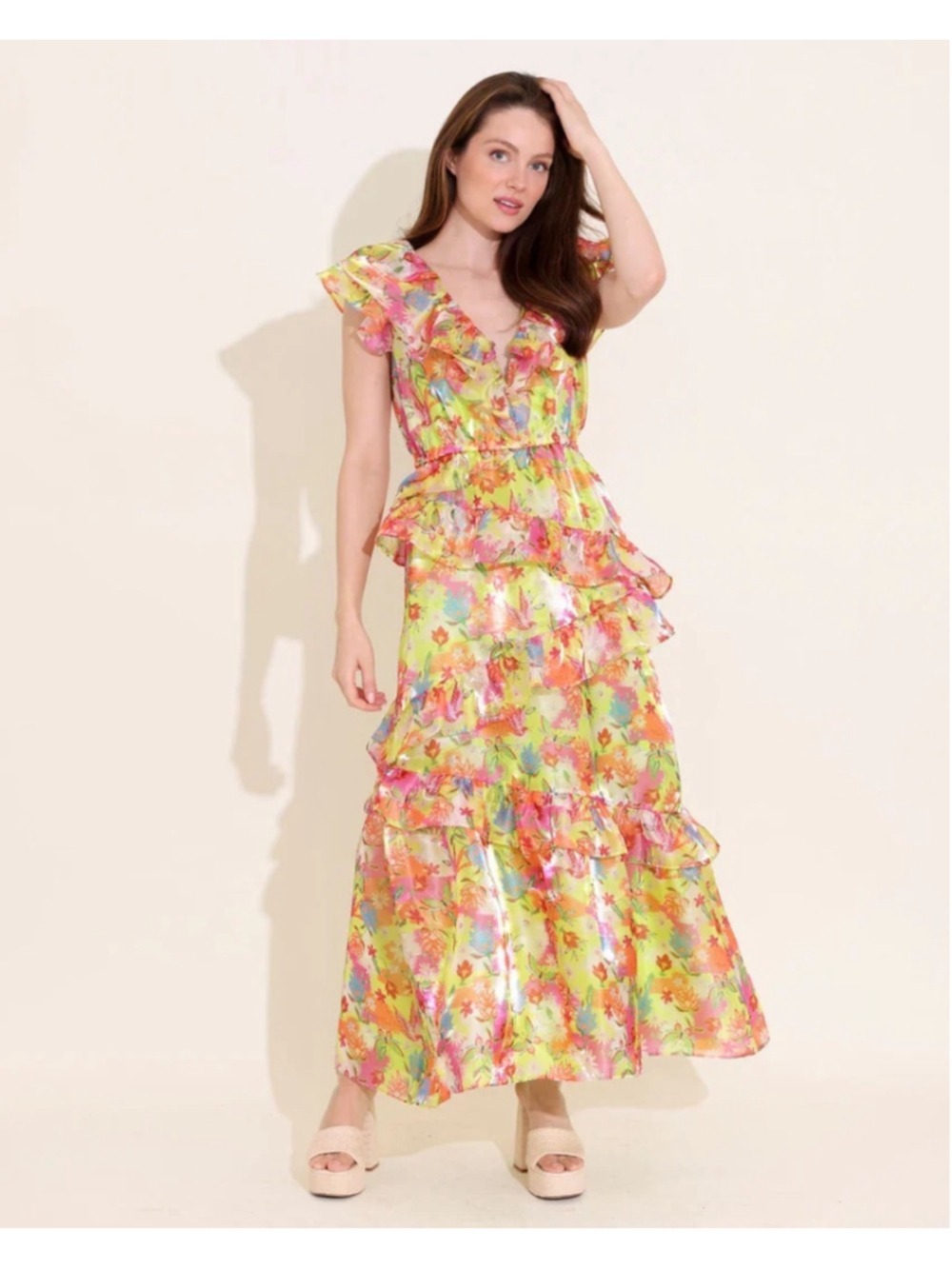 Women's Alden Adair Maxi Dress S Yellow Pink Floral Ruffle